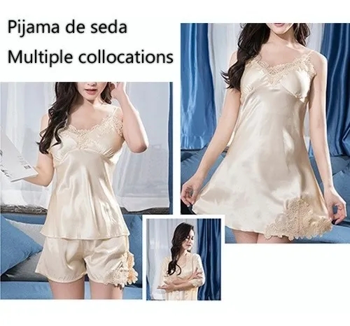 Foto 3 pulgar | Venta Internacional - Pijama de Seda para Mujer Set 4 Piezas Color Beige