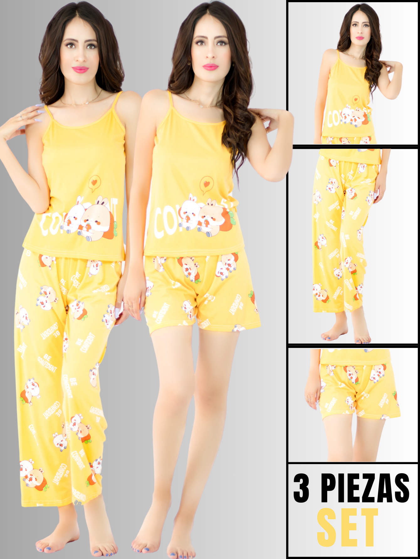 Foto 3 pulgar | Set de Pijama Pij-084 Amarillo para Mujer 3 Piezas