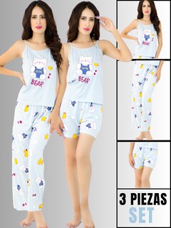 Foto 3 | Set de Pijama Azul para Mujer Pantalón/ Short/ Blusa