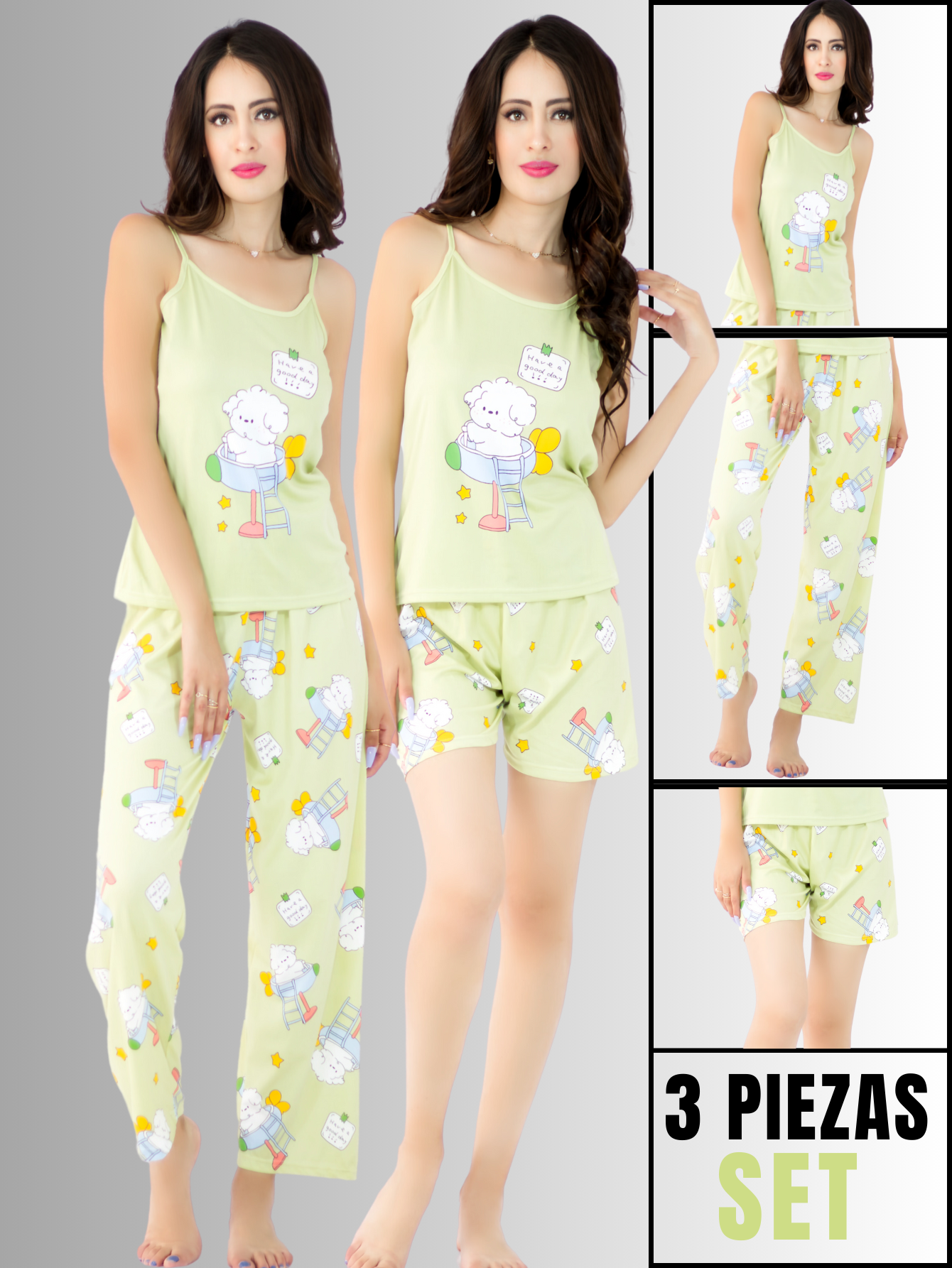 Foto 4 pulgar | Set de Pijama Verde para Mujer Pantalón/ Short/ Blusa