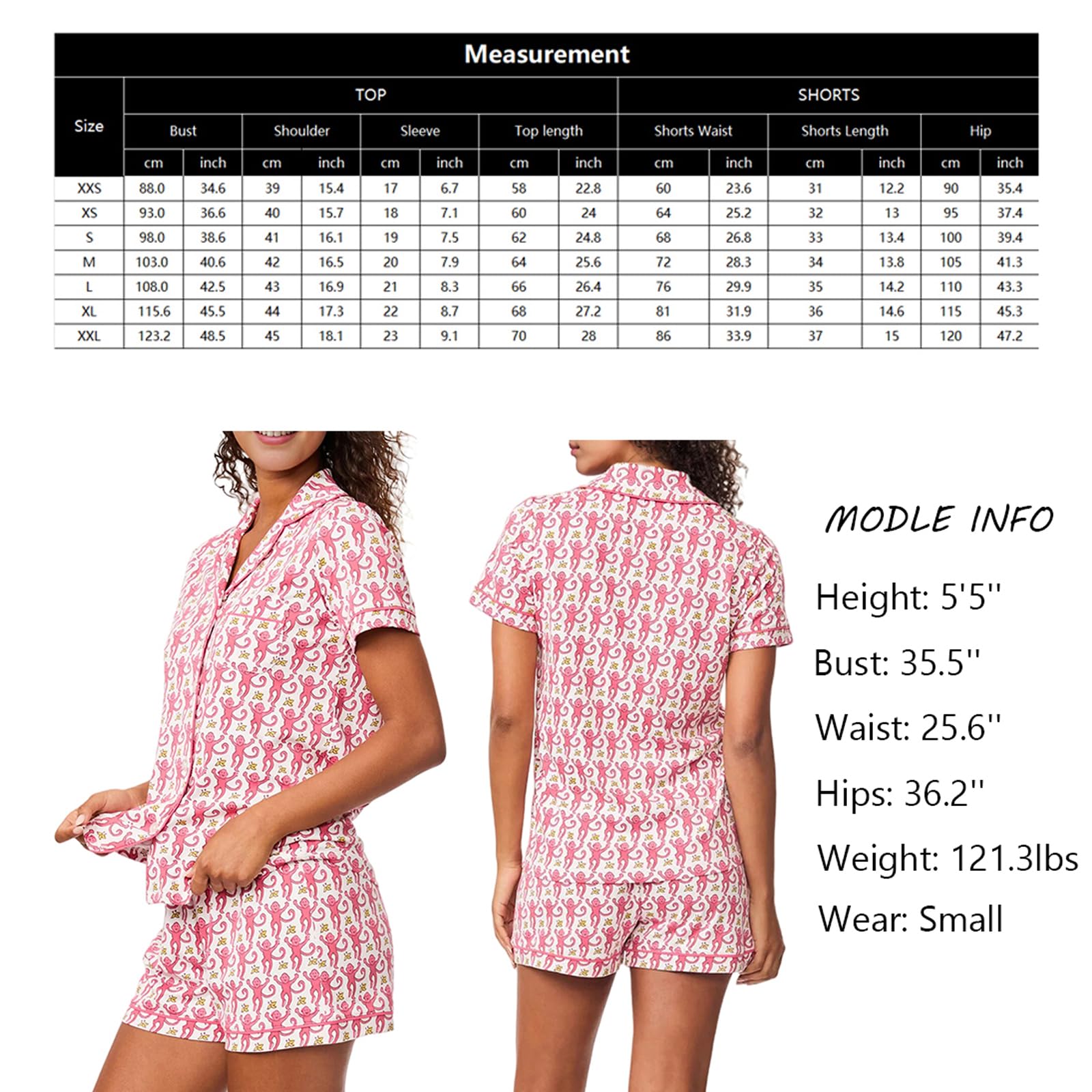 Foto 7 pulgar | Conjunto De Pijama Para Mujer, Pantalones Cortos Con Botones, 2 Piezas, Monkey Bunny - Venta Internacional.