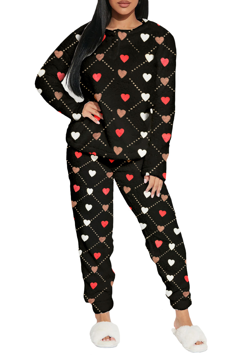 Foto 2 pulgar | Pijama Para Mujer Shendy Vendy Conjunto 2 Piezas Elegante Invierno Afelpado Negro Corazon Mediano
