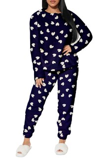 Foto 2 | Pijama Para Mujer Shendy Vendy Conjunto 2 Piezas Elegante Invierno Afelpado Azul Marino Corazon Chico