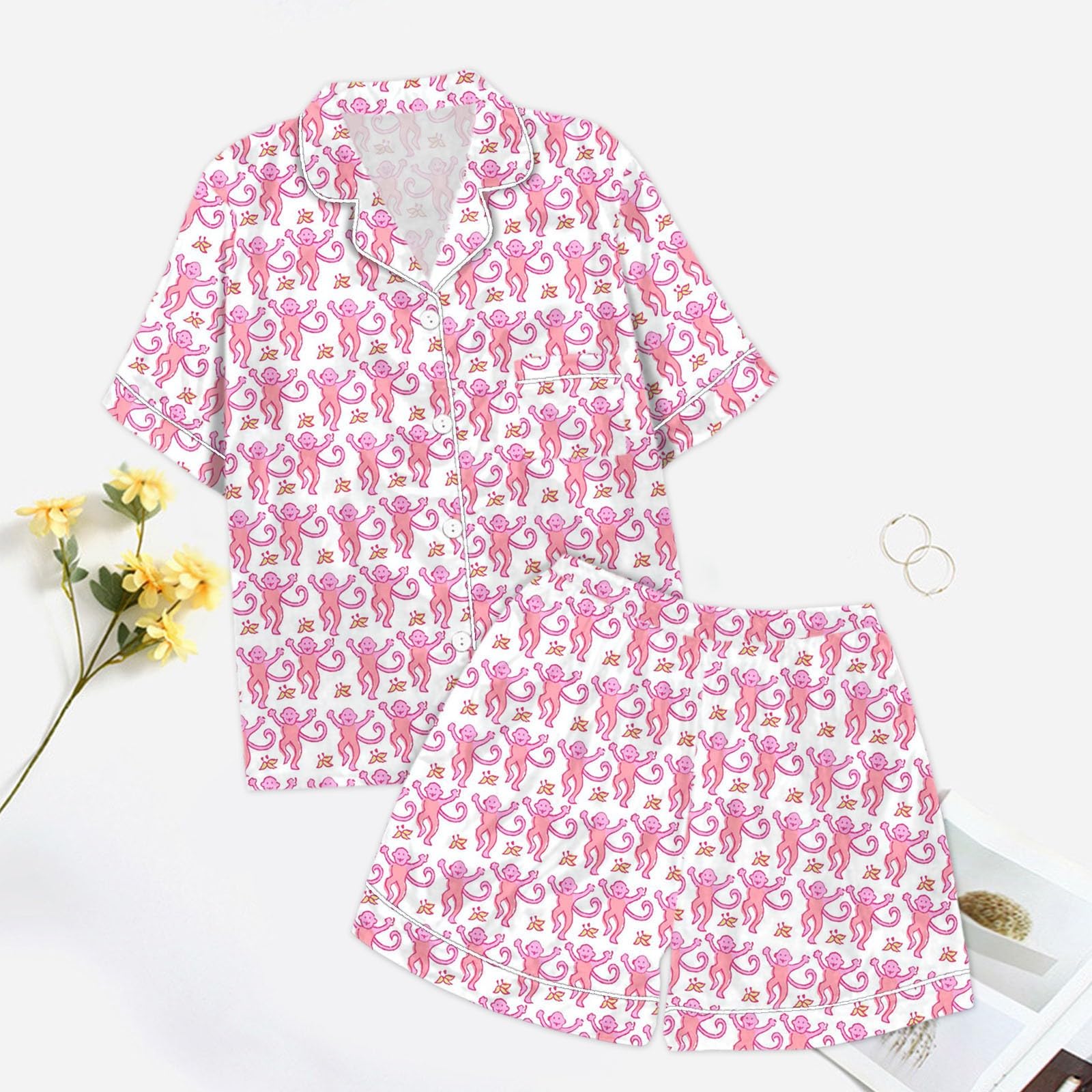 Foto 5 pulgar | Conjunto De Pijama Floral Y2k De Manga Corta Para Mujer Con Conejito De Mono - Venta Internacional.