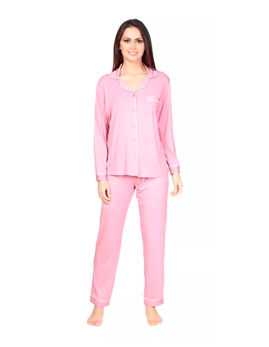 Foto 2 pulgar | Pijama Pantalón y Blusa Manga Larga con Botones Rosa