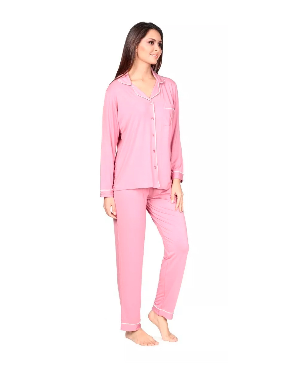 Foto 3 pulgar | Pijama Pantalón y Blusa Manga Larga con Botones Rosa