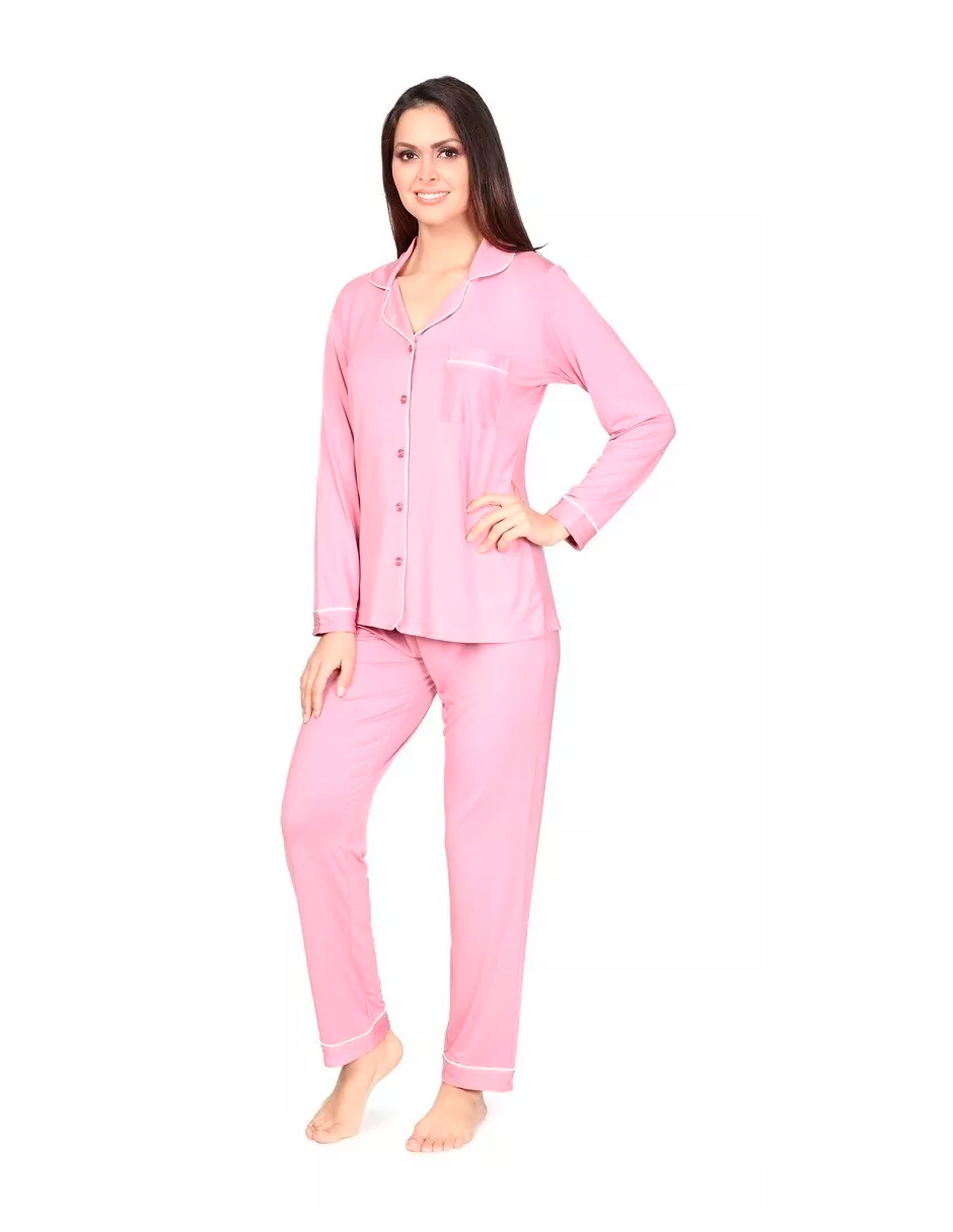 Foto 4 pulgar | Pijama Pantalón y Blusa Manga Larga con Botones Rosa