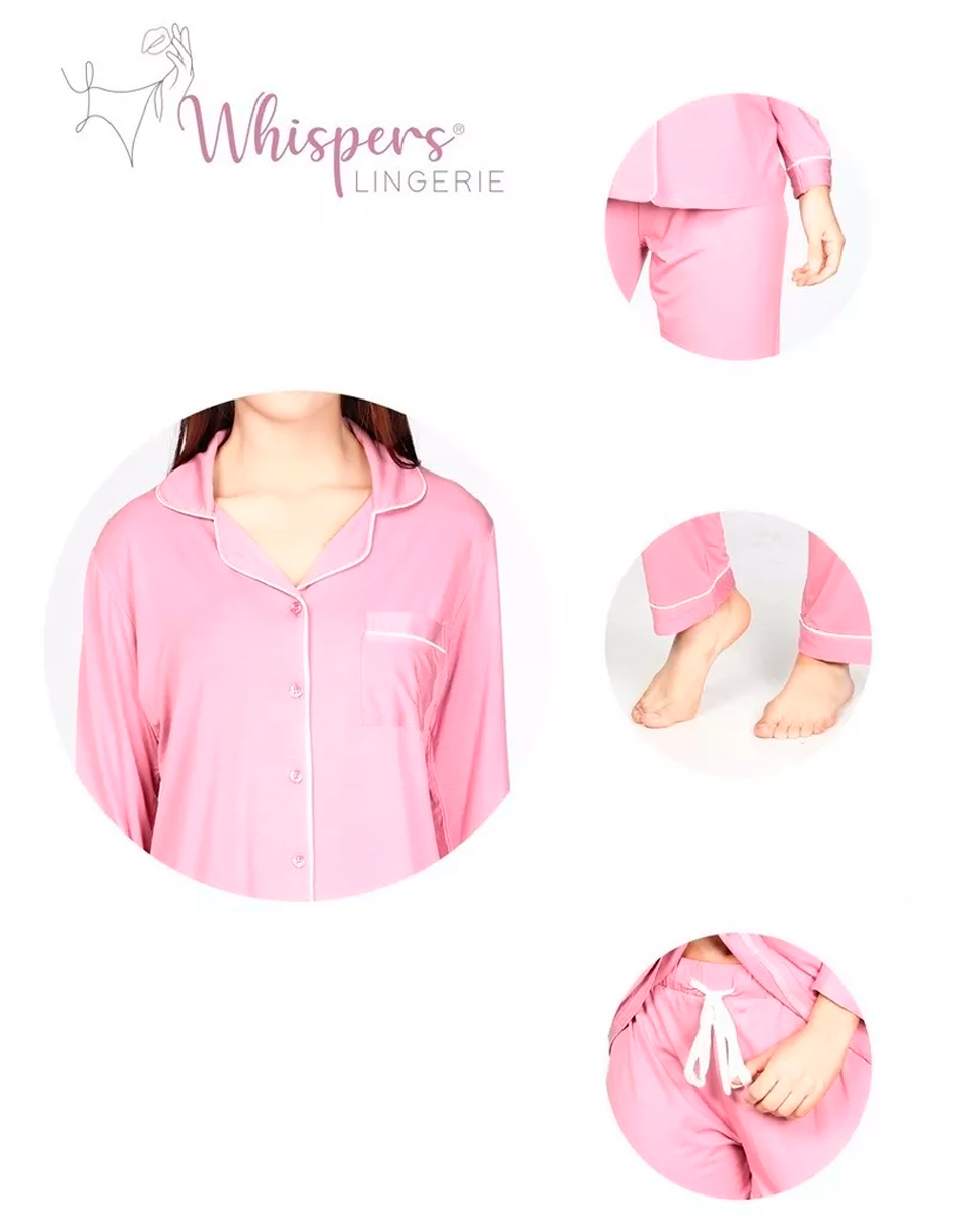 Foto 7 pulgar | Pijama Pantalón y Blusa Manga Larga con Botones Rosa