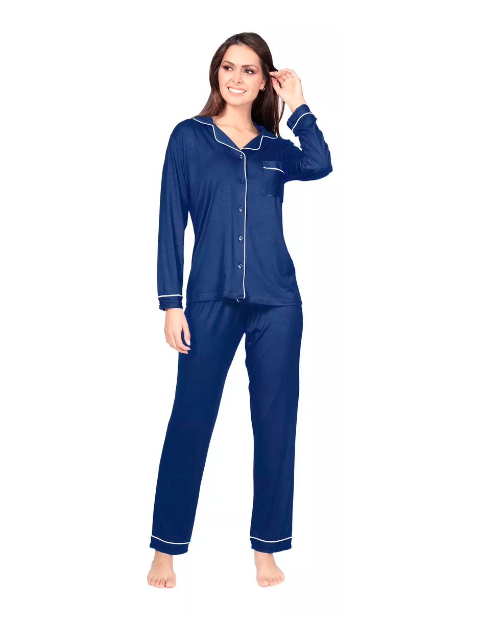 Foto 2 pulgar | Pijama De Mujer Con Pantalón Y Manga Larga Con Botones Color Azul Marino