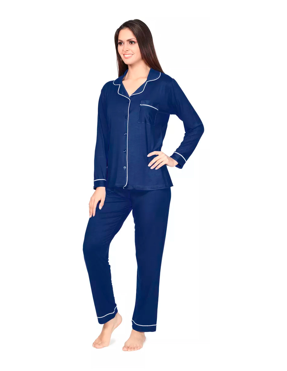 Foto 4 pulgar | Pijama De Mujer Con Pantalón Y Manga Larga Con Botones Color Azul Marino