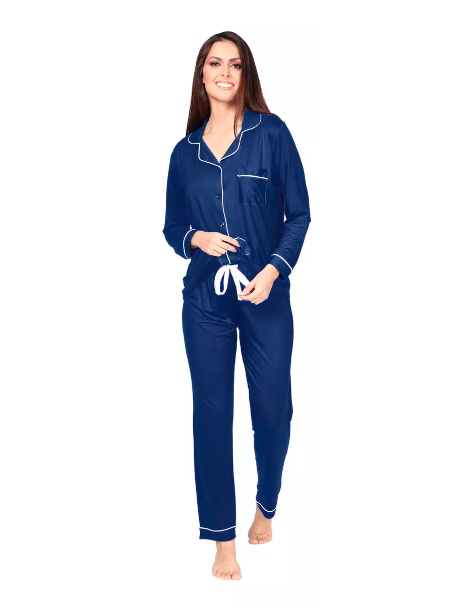 Foto 5 pulgar | Pijama De Mujer Con Pantalón Y Manga Larga Con Botones Color Azul Marino