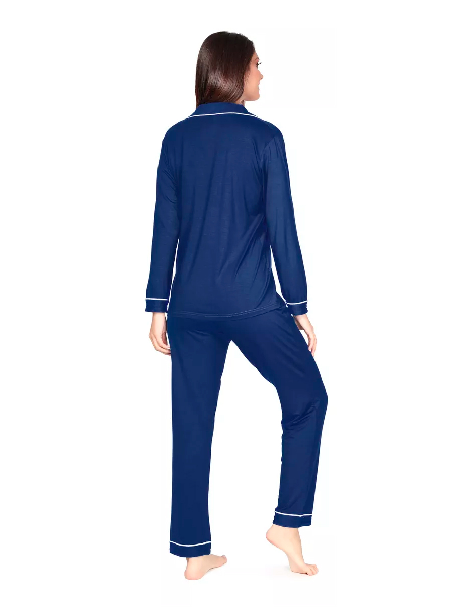 Foto 6 pulgar | Pijama De Mujer Con Pantalón Y Manga Larga Con Botones Color Azul Marino