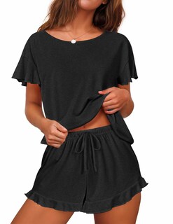 Foto 1 | Conjunto De Pijama Ekouaer Para Mujer, Manga Corta Y Volantes, Color Negro - Venta Internacional.