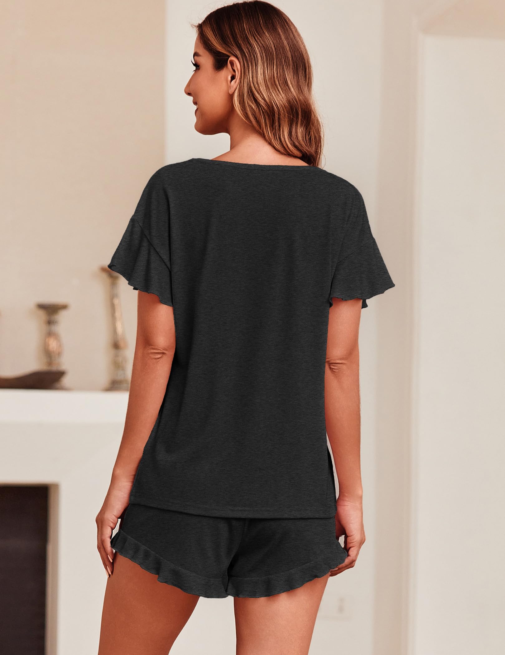 Foto 5 pulgar | Conjunto De Pijama Ekouaer Para Mujer, Manga Corta Y Volantes, Color Negro - Venta Internacional.