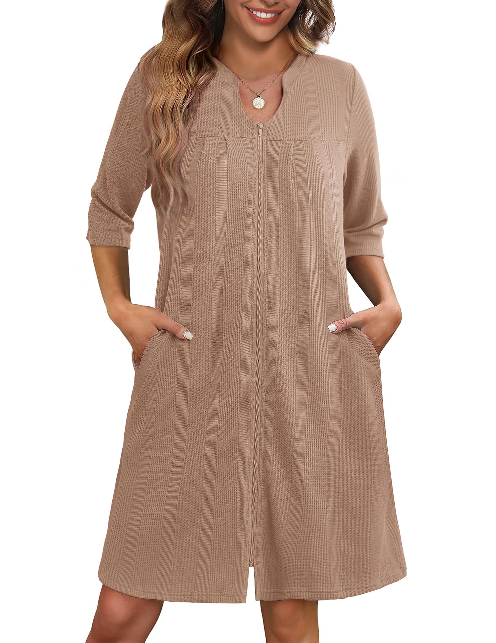 Albornoz Ekouaer Tejido Gofrado Con Cremallera Y Manga 3/4 Para Mujer - Venta Internacional.