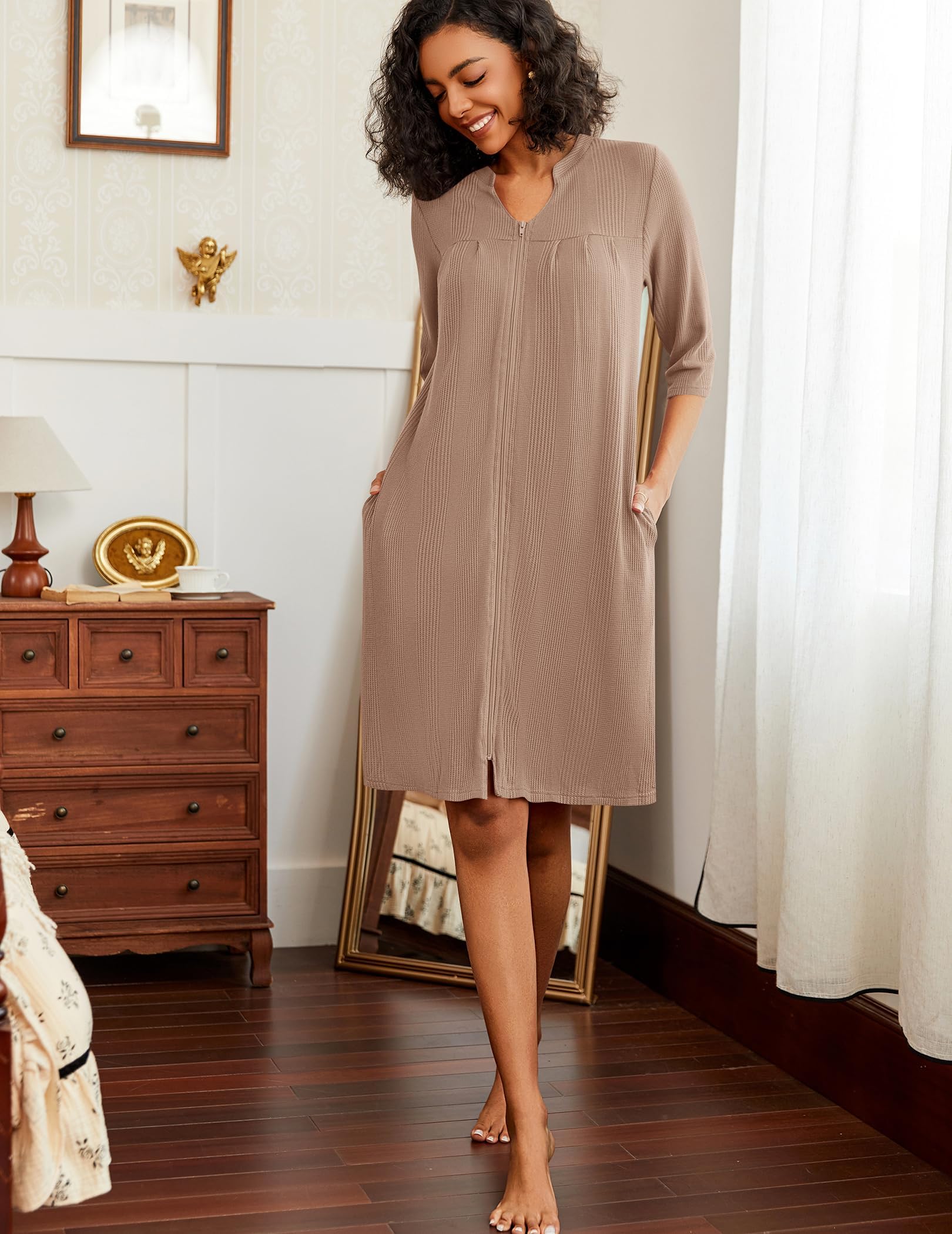 Foto 3 | Albornoz Ekouaer Tejido Gofrado Con Cremallera Y Manga 3/4 Para Mujer - Venta Internacional.
