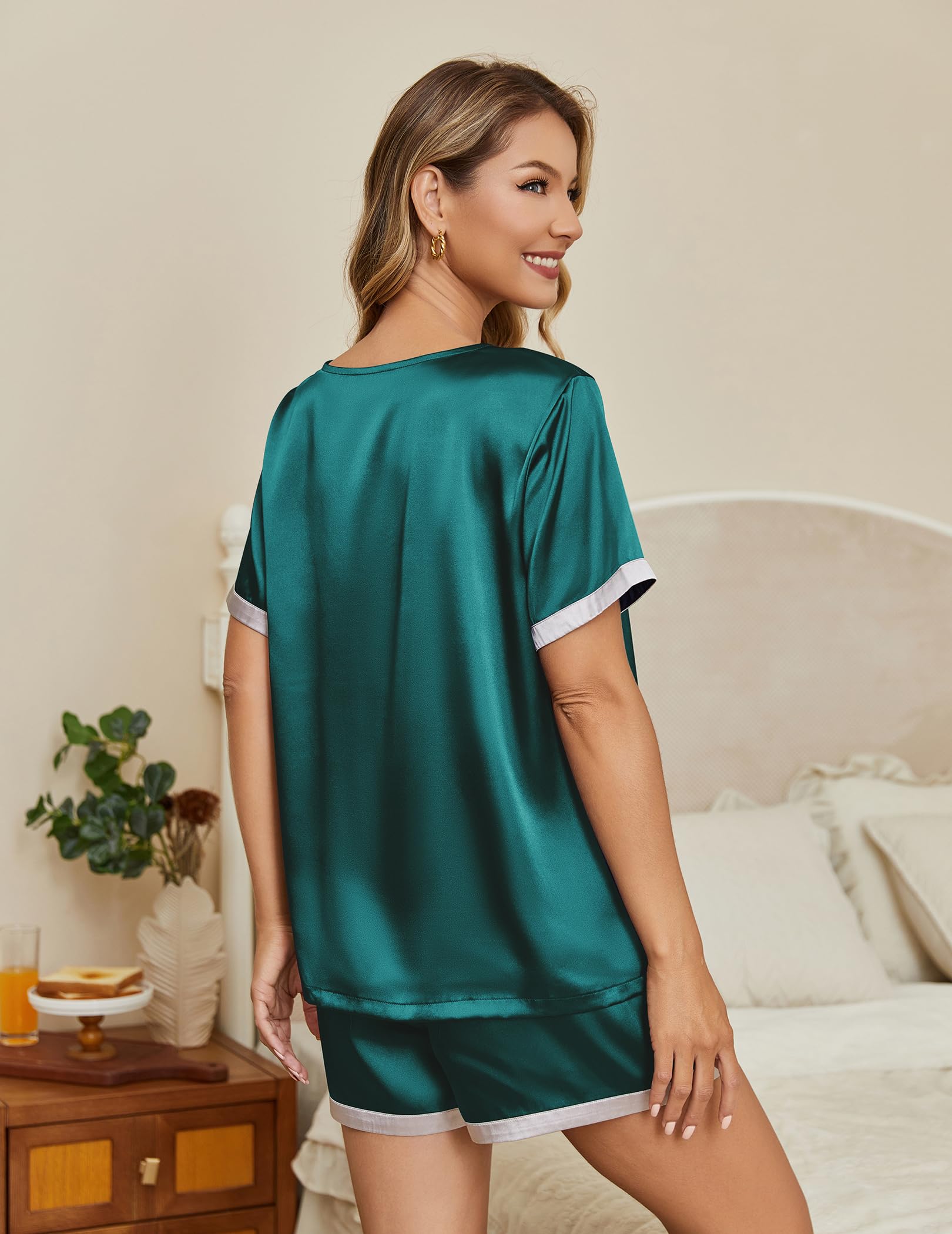 Foto 3 pulgar | Pijama De Seda Ekouaer Para Mujer, Manga Corta, Satén - Venta Internacional.
