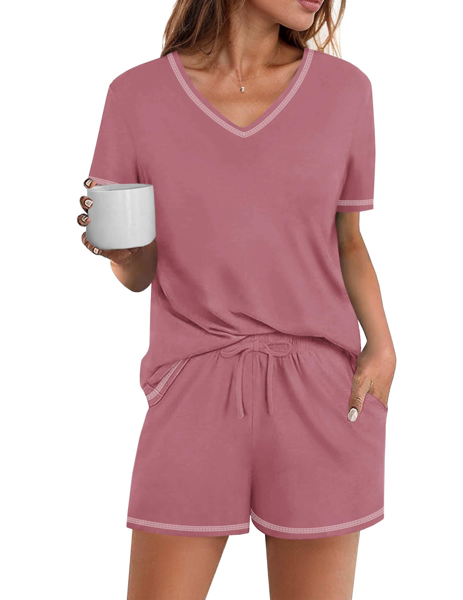 Foto 2 pulgar | Conjunto De Pijama Ekouaer Para Mujer, Manga Corta, Mezcla De Algodón, Rojo, Xl - Venta Internacional.