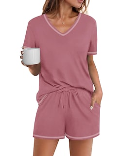 Foto 1 | Conjunto De Pijama Ekouaer Para Mujer, Manga Corta, Mezcla De Algodón, Rojo, Xl - Venta Internacional.