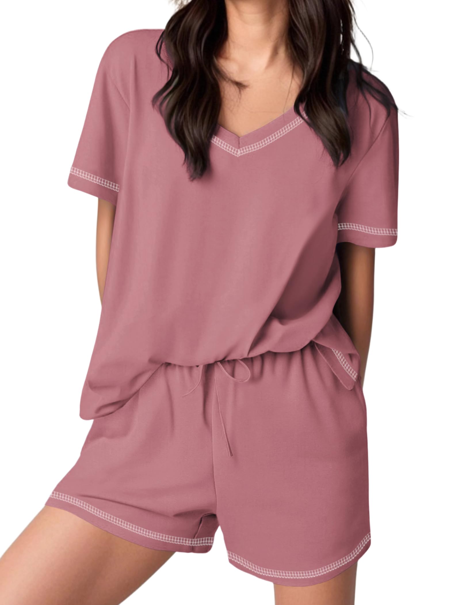 Foto 5 pulgar | Conjunto De Pijama Ekouaer Para Mujer, Manga Corta, Mezcla De Algodón, Rojo, Xl - Venta Internacional.