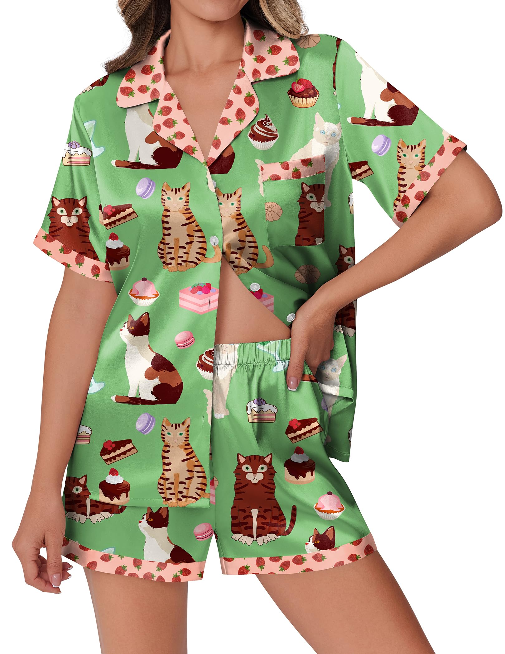 Foto 2 pulgar | Conjunto De Pijama Ekouaer De Satén De Seda Para Mujer, Gato Verde, Talla M - Venta Internacional.