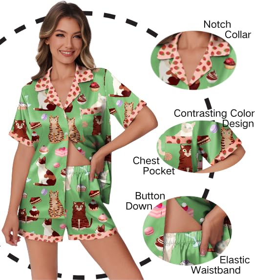 Foto 3 pulgar | Conjunto De Pijama Ekouaer De Satén De Seda Para Mujer, Gato Verde, Talla M - Venta Internacional.