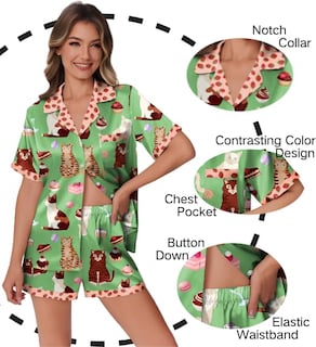 Foto 2 | Conjunto De Pijama Ekouaer De Satén De Seda Para Mujer, Gato Verde, Talla M - Venta Internacional.
