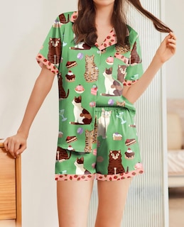 Foto 3 | Conjunto De Pijama Ekouaer De Satén De Seda Para Mujer, Gato Verde, Talla M - Venta Internacional.