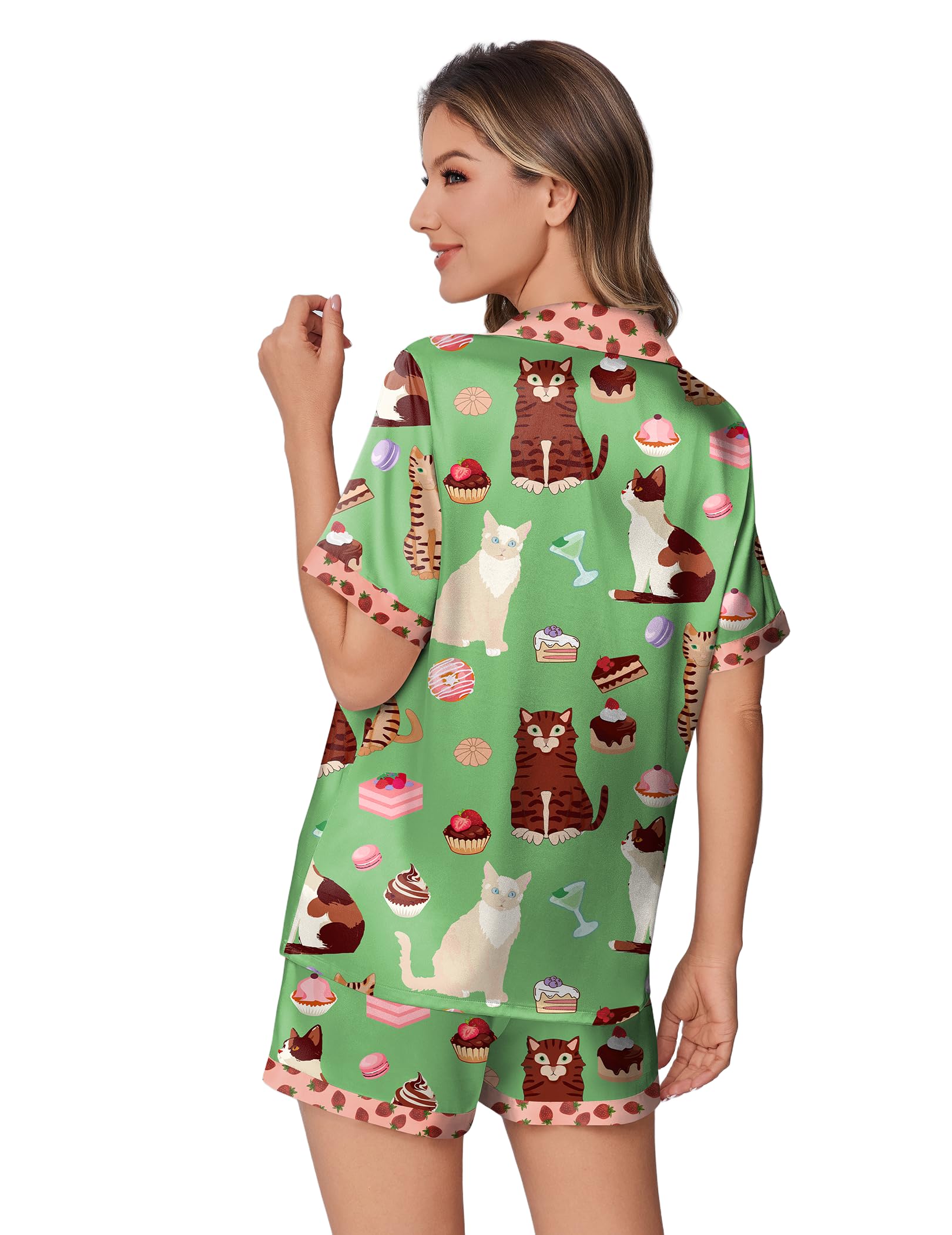 Foto 5 pulgar | Conjunto De Pijama Ekouaer De Satén De Seda Para Mujer, Gato Verde, Talla M - Venta Internacional.