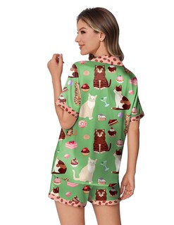 Foto 4 | Conjunto De Pijama Ekouaer De Satén De Seda Para Mujer, Gato Verde, Talla M - Venta Internacional.