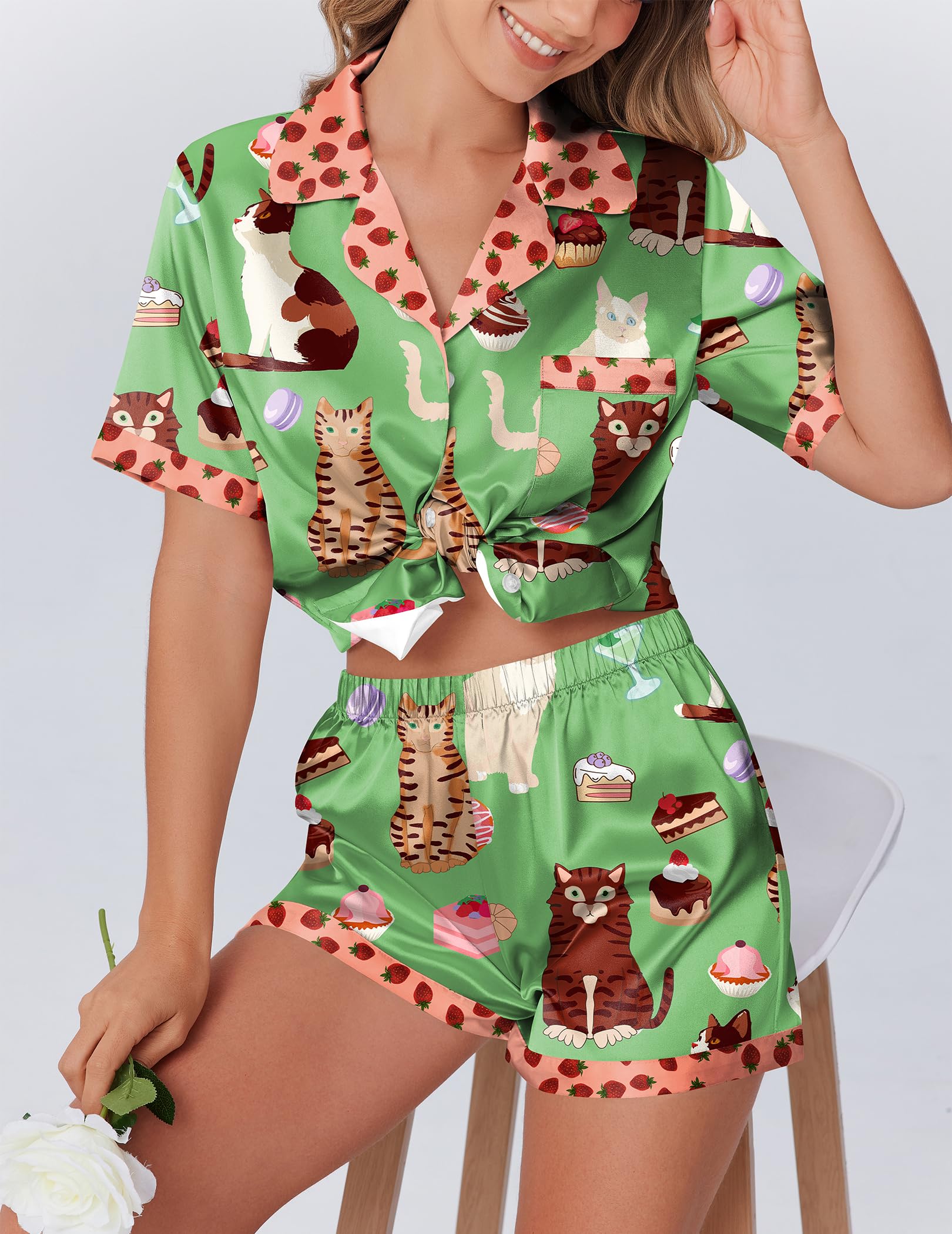 Foto 6 pulgar | Conjunto De Pijama Ekouaer De Satén De Seda Para Mujer, Gato Verde, Talla M - Venta Internacional.
