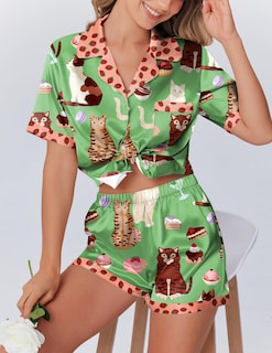 Foto 5 | Conjunto De Pijama Ekouaer De Satén De Seda Para Mujer, Gato Verde, Talla M - Venta Internacional.