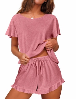 Foto 1 | Conjunto De Pijama Ekouaer Para Mujer Con Mangas Con Volantes Y Pantalones Cortos De Color Rosa Empolvado - Vent