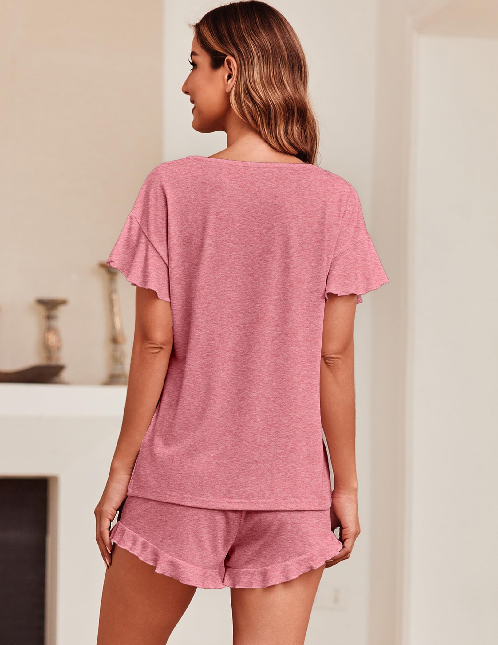 Foto 5 pulgar | Conjunto De Pijama Ekouaer Para Mujer Con Mangas Con Volantes Y Pantalones Cortos De Color Rosa Empolvado - Vent