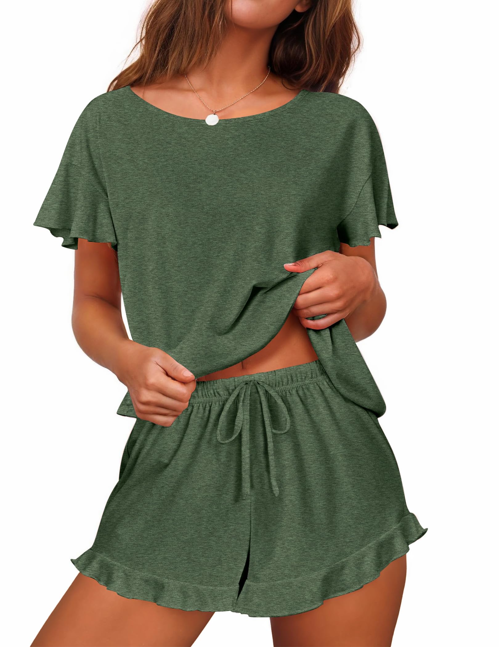 Foto 2 pulgar | Conjunto De Pijama Ekouaer Para Mujer Con Mangas Con Volantes Y Pantalones Cortos, Color Verde - Venta Internacional.