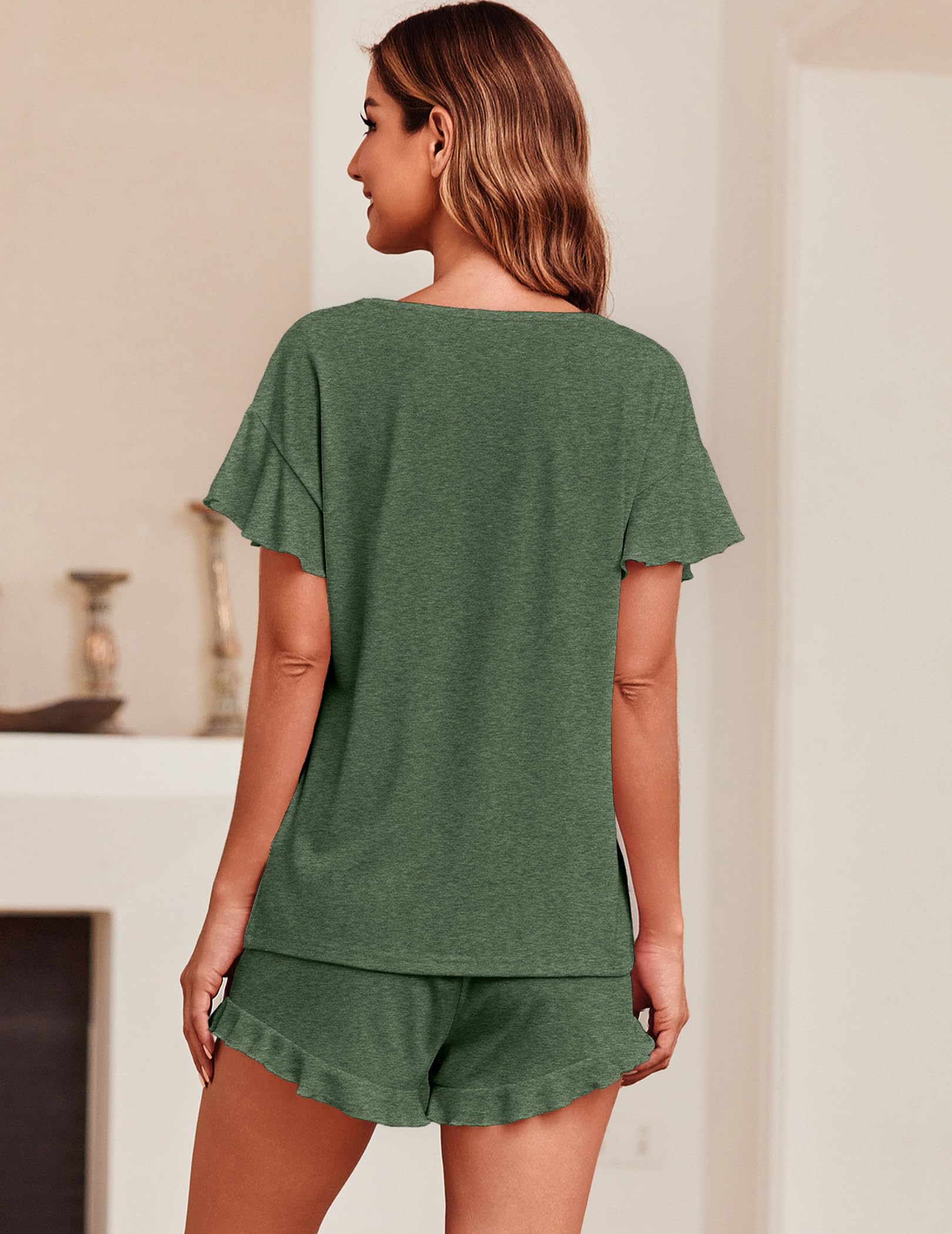 Foto 5 pulgar | Conjunto De Pijama Ekouaer Para Mujer Con Mangas Con Volantes Y Pantalones Cortos, Color Verde - Venta Internacional.