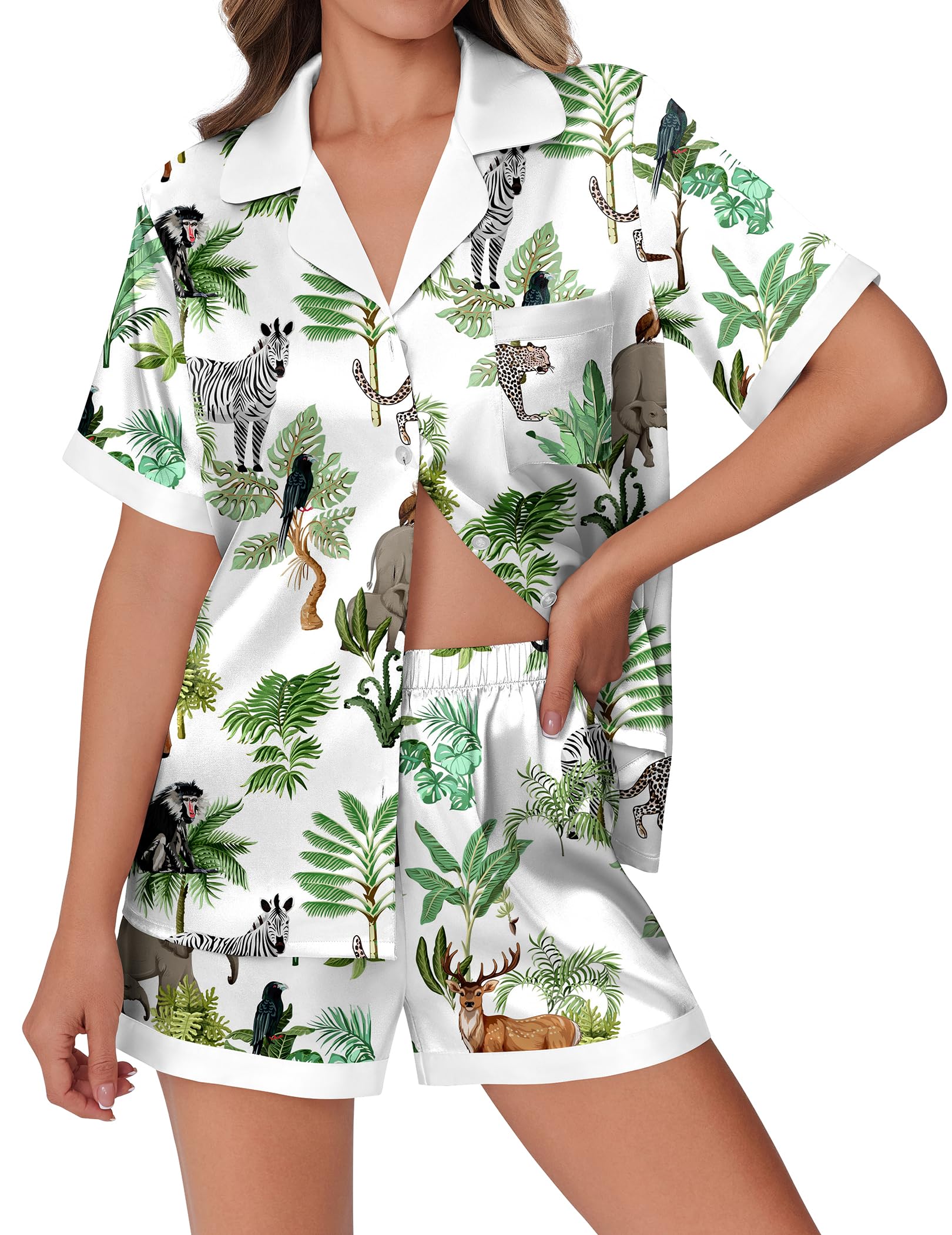 Foto 2 pulgar | Conjunto De Pijama Ekouaer Pantalones Cortos De Satén De Seda Con Estampado De Animales Para Mujer - Venta Internacion