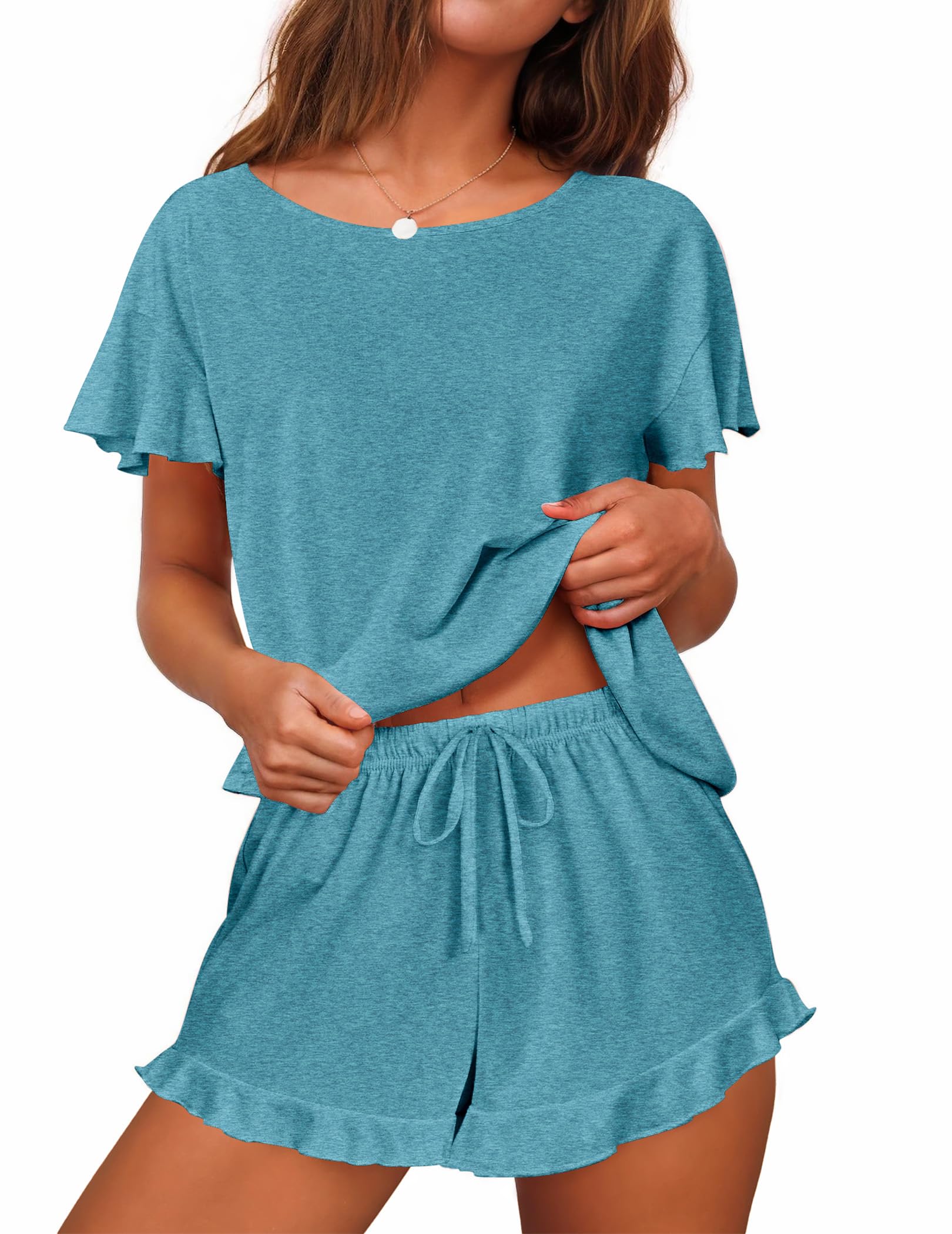 Foto 2 pulgar | Conjunto De Pijama Ekouaer Para Mujer, Manga Con Volantes Y Pantalones Cortos, Azul Y Verde - Venta Internacional.
