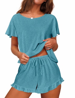 Foto 1 | Conjunto De Pijama Ekouaer Para Mujer, Manga Con Volantes Y Pantalones Cortos, Azul Y Verde - Venta Internacional.