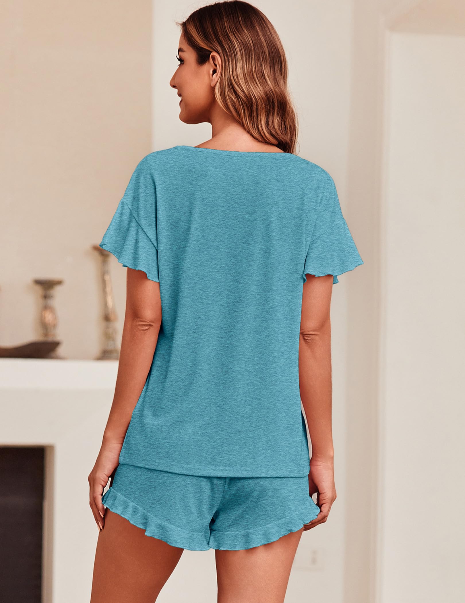 Foto 5 pulgar | Conjunto De Pijama Ekouaer Para Mujer, Manga Con Volantes Y Pantalones Cortos, Azul Y Verde - Venta Internacional.