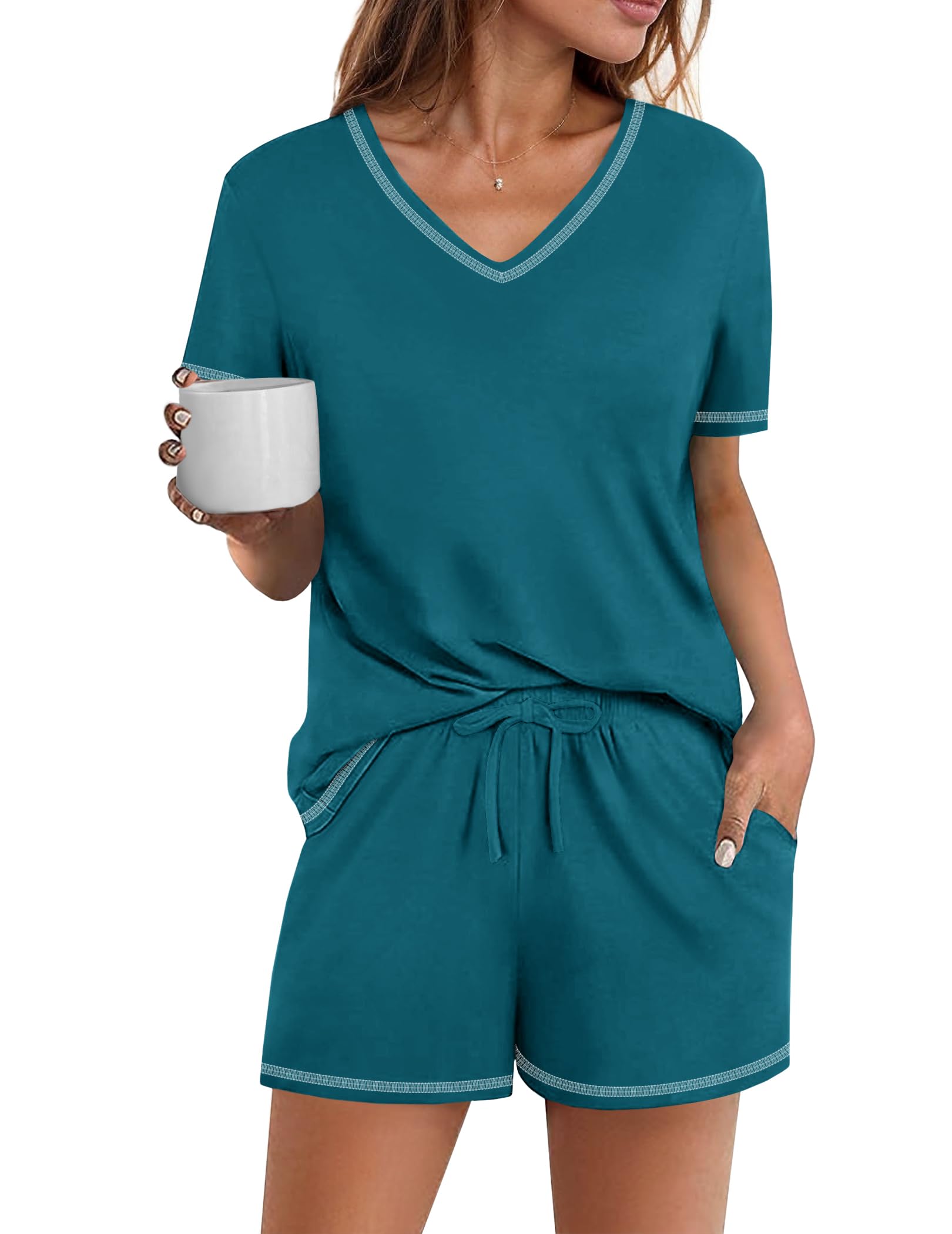 Foto 2 pulgar | Conjunto De Pijama Ekouaer Para Mujer, Manga Corta, Algodón, Azul Y Verde, Xl - Venta Internacional.