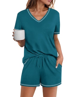 Foto 1 | Conjunto De Pijama Ekouaer Para Mujer, Manga Corta, Algodón, Azul Y Verde, Xl - Venta Internacional.