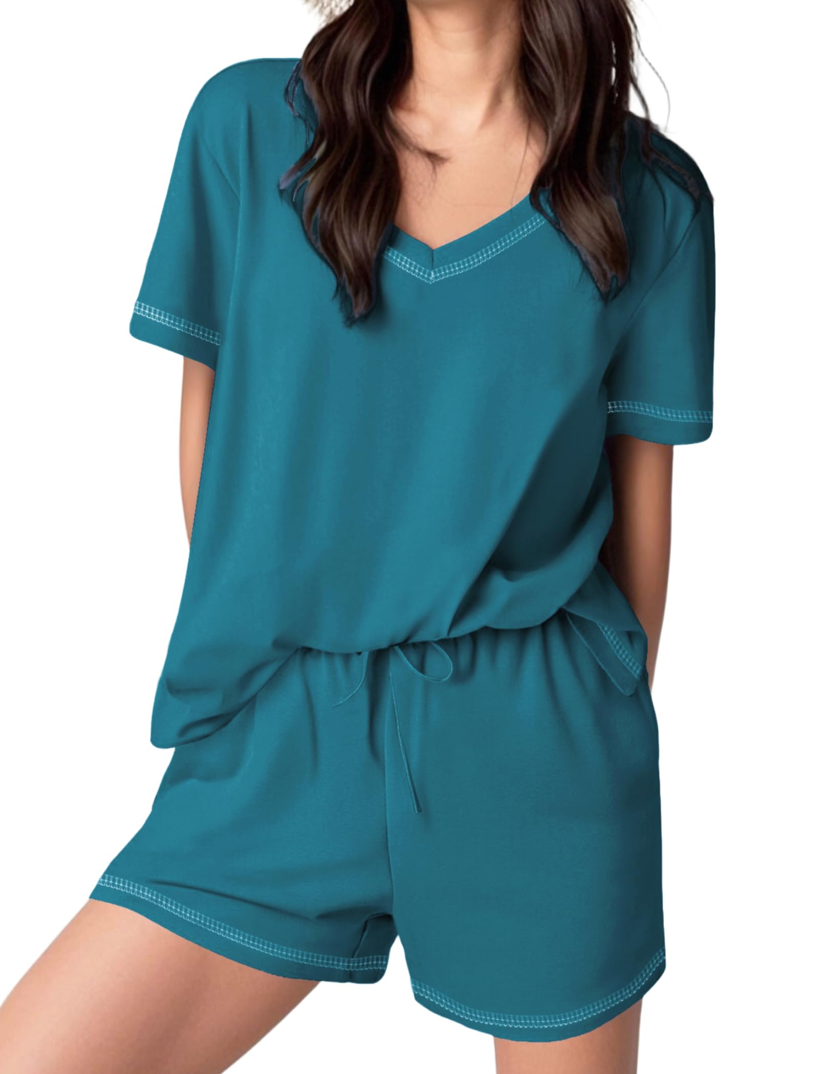 Foto 5 pulgar | Conjunto De Pijama Ekouaer Para Mujer, Manga Corta, Algodón, Azul Y Verde, Xl - Venta Internacional.