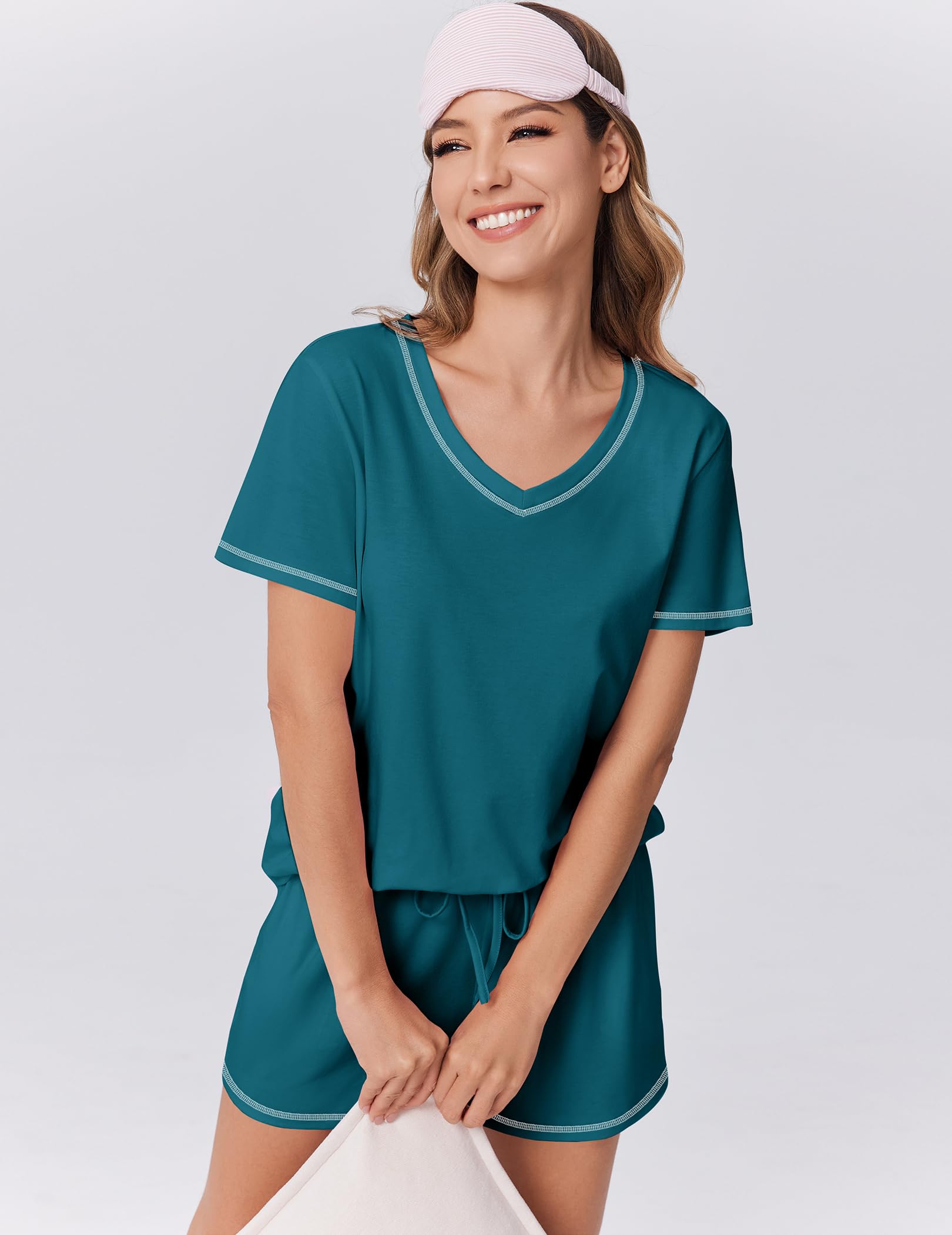Foto 6 pulgar | Conjunto De Pijama Ekouaer Para Mujer, Manga Corta, Algodón, Azul Y Verde, Xl - Venta Internacional.