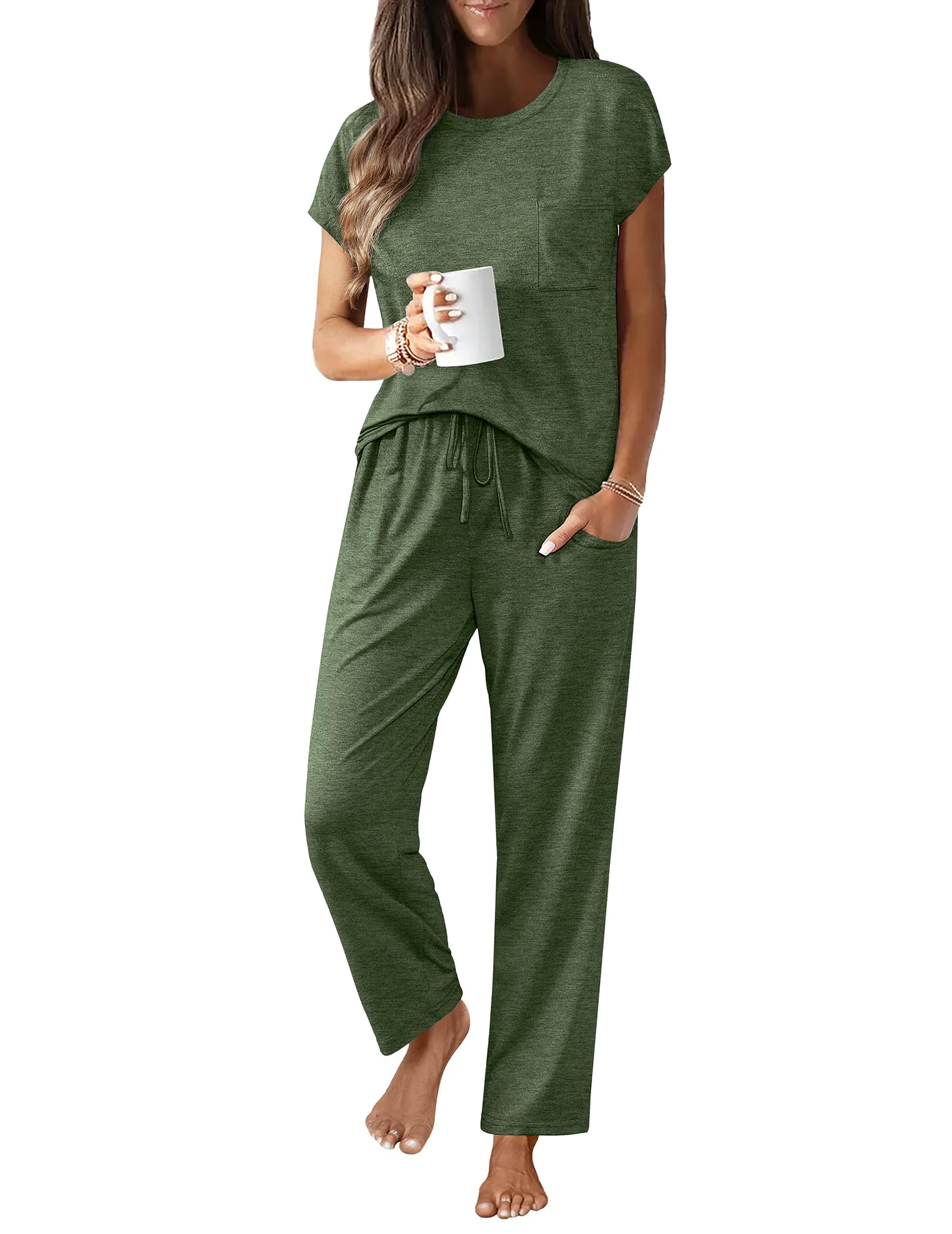 Foto 1 | Conjunto De Pijama Ekouaer Con Mangas Casquillo Y Bolsillos, Color Verde Militar - Venta Internacional.