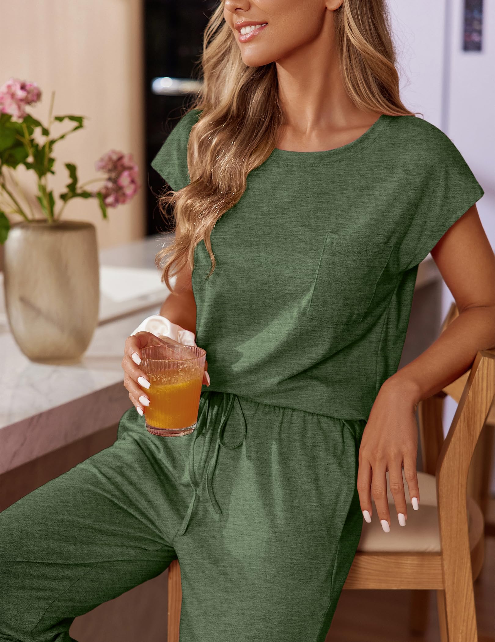 Foto 4 pulgar | Conjunto De Pijama Ekouaer Con Mangas Casquillo Y Bolsillos, Color Verde Militar - Venta Internacional.