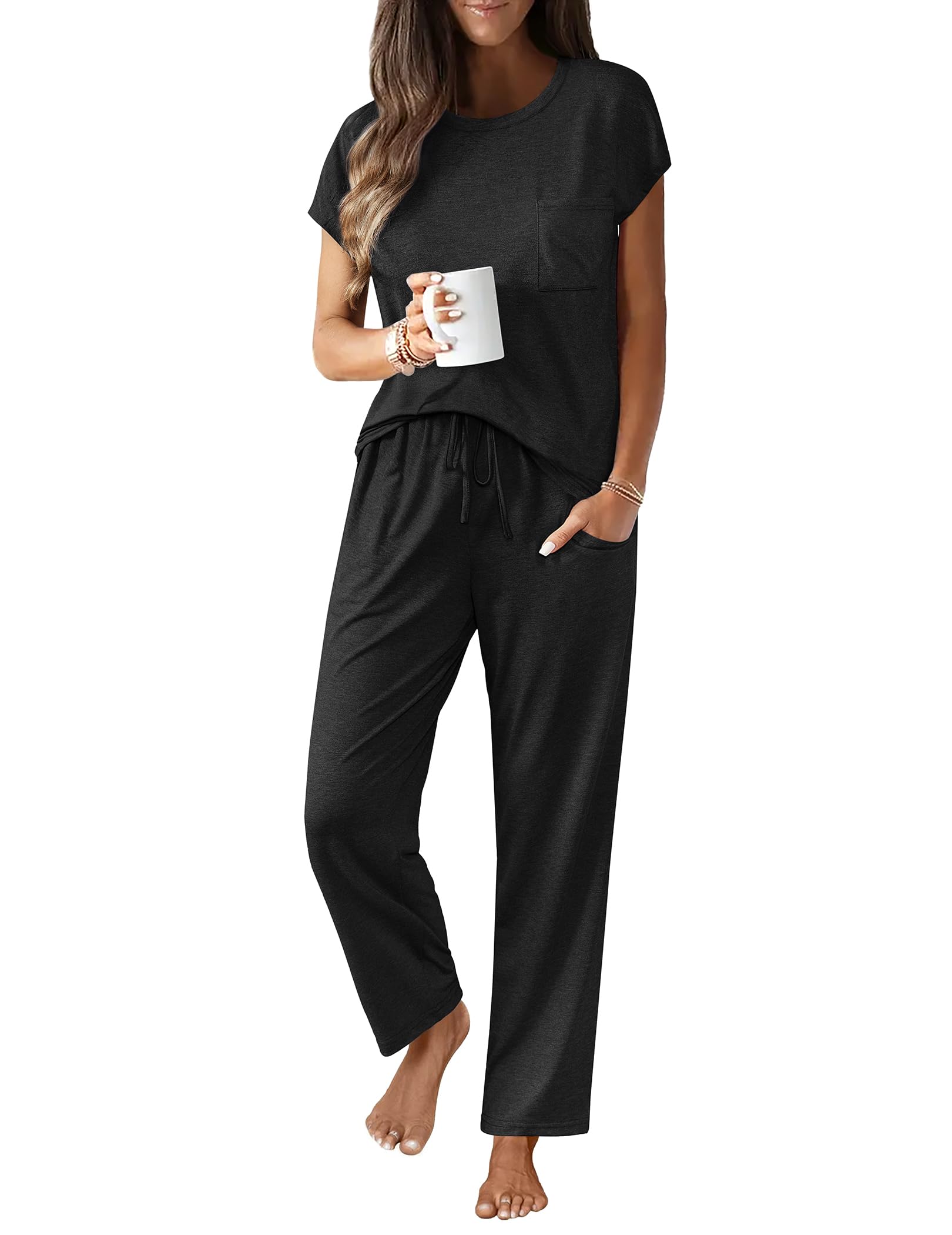 Foto 2 pulgar | Conjunto De Pijama Ekouaer De Manga Corta Negro Para Mujer - Venta Internacional.