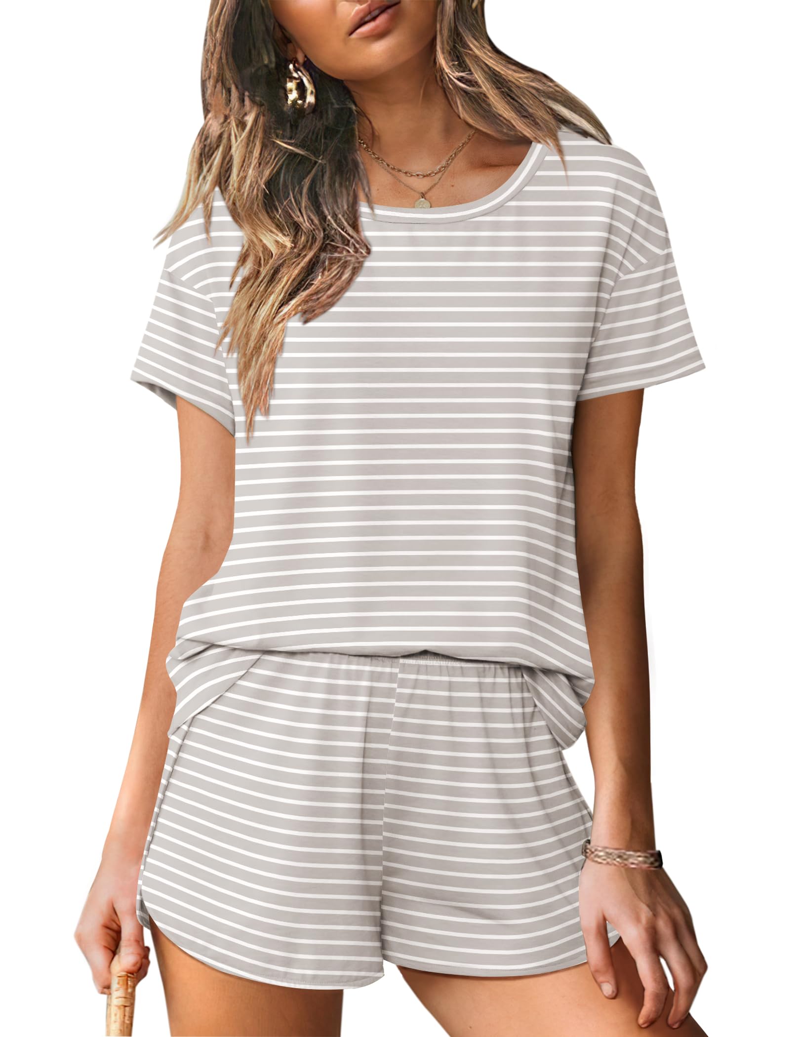 Foto 2 pulgar | Conjunto De Pijama Ekouaer Para Mujer, Cuello Redondo, Manga Corta - Venta Internacional.