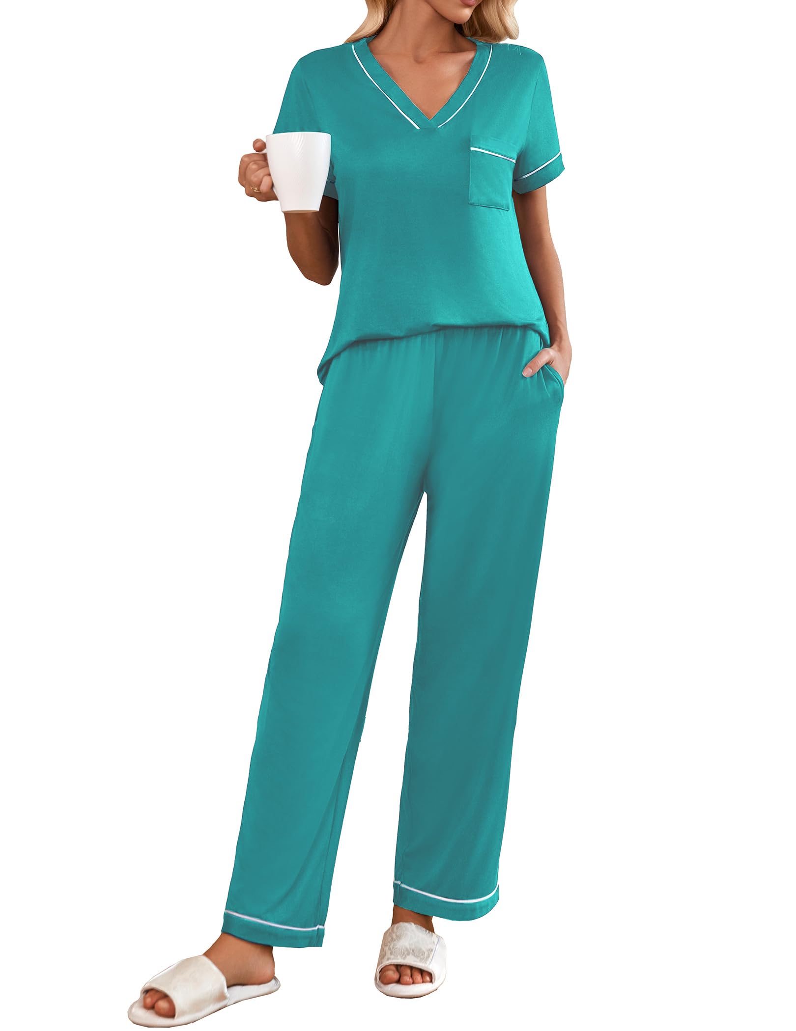 Conjunto De Pijama Ekouaer Para Mujer, Manga Corta, Cuello En V, Cerámica, Verde - Venta Internacional.
