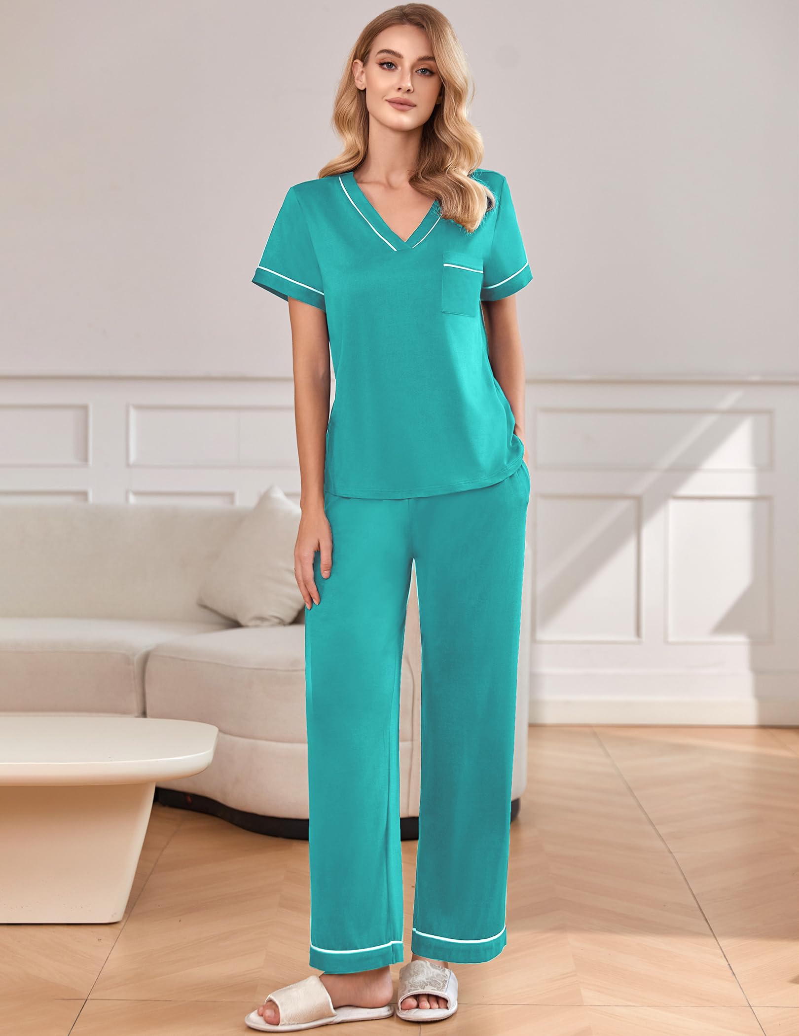 Foto 3 pulgar | Conjunto De Pijama Ekouaer Para Mujer, Manga Corta, Cuello En V, Cerámica, Verde - Venta Internacional.